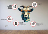 3D Goat Head in Glasses Wall Decal - Vibrant Light Indigo and Amber Style Art Sticker - Decords