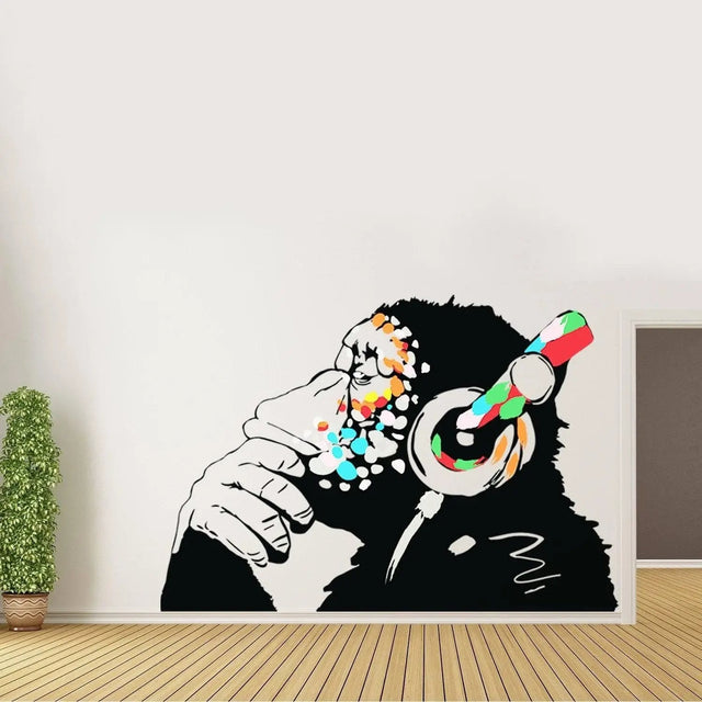 Banksy Thinking Monkey Wall Sticker - Art Vinyl Street Dj Baksy Decal - Headphones Chimp Music Thinker Graffiti Mural - Decords