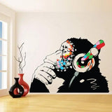 Banksy Thinking Monkey Wall Sticker - Art Vinyl Street Dj Baksy Decal - Headphones Chimp Music Thinker Graffiti Mural - Decords