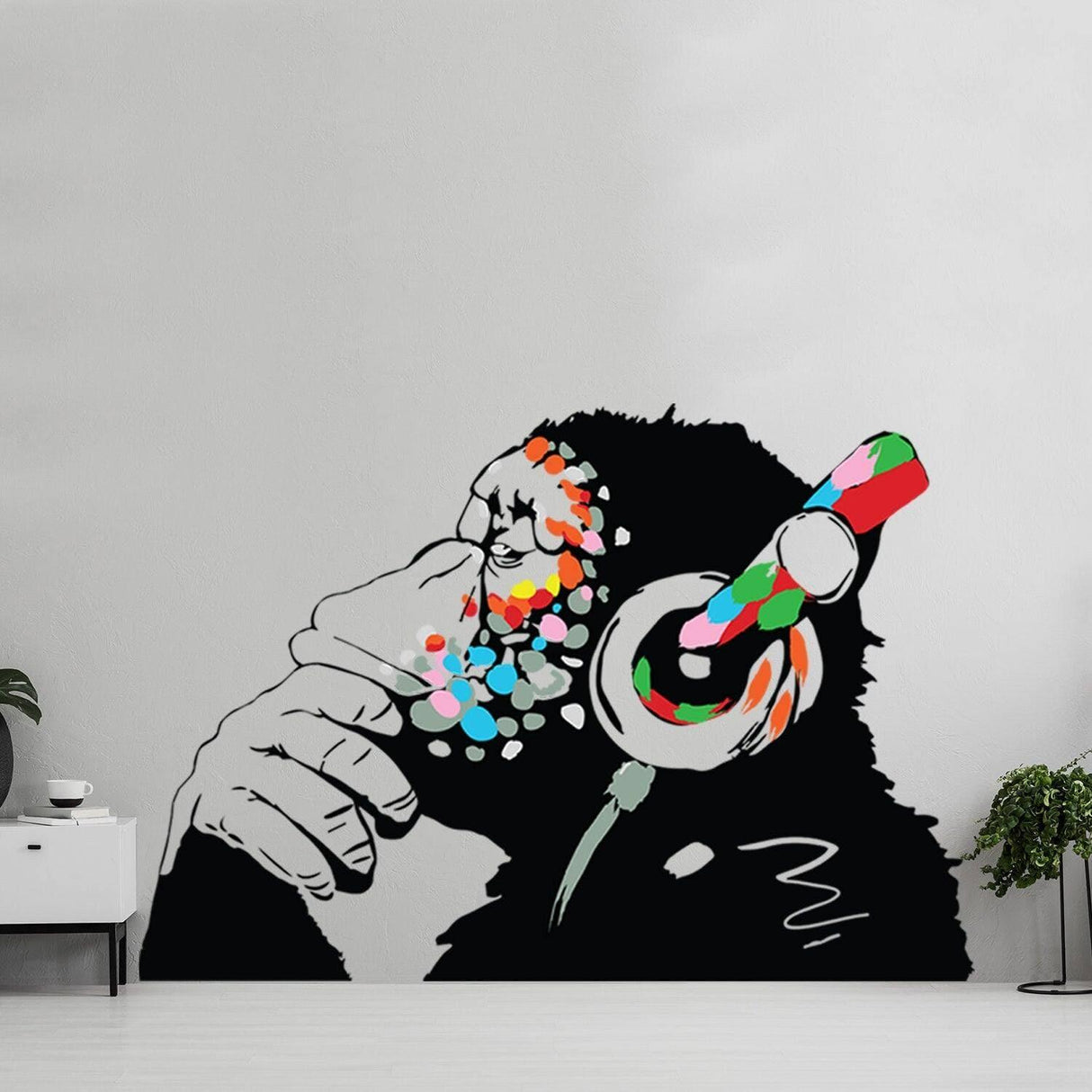 Banksy Thinking Monkey Wall Sticker - Art Vinyl Street Dj Baksy Decal - Headphones Chimp Music Thinker Graffiti Mural - Decords