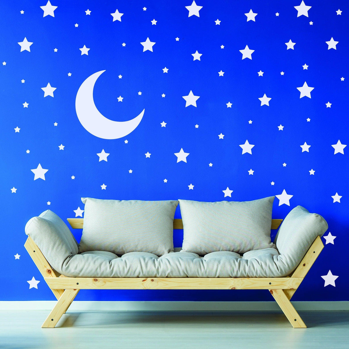 White Stars and Moon Wall Stickers for Kids Room | Nursery Night Sky Crescent Decal Set - Decords