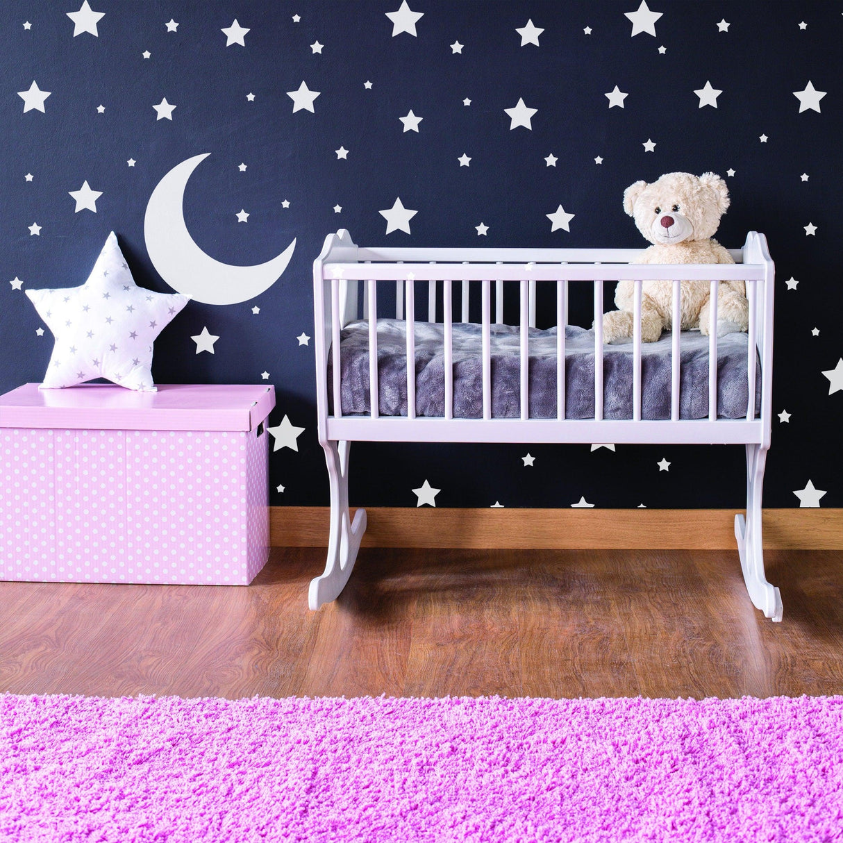 White Stars and Moon Wall Stickers for Kids Room | Nursery Night Sky Crescent Decal Set - Decords