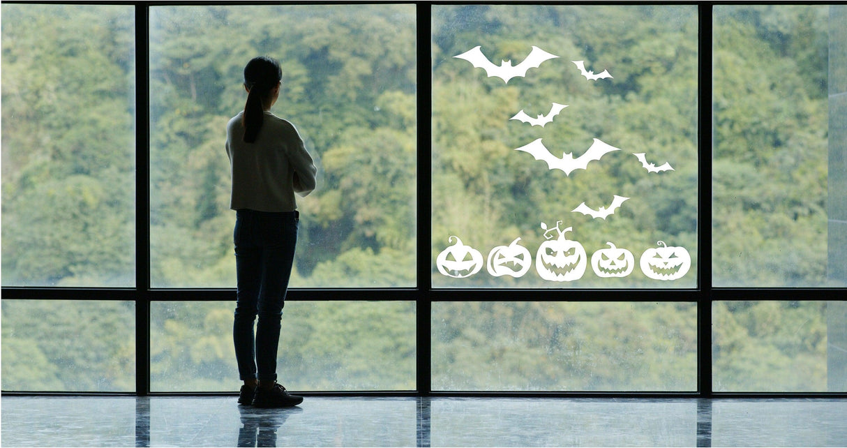 Halloween Window Decals Pack - Festive Pumpkins and Bats Display Stickers Set - Decords