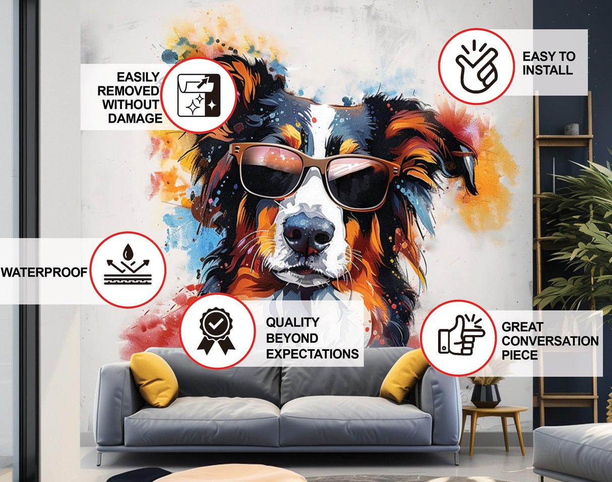 Bright Australian Shepherd Wearing Shades Wall Decal - Cheerful Watercolor Dog in Glasses Sticker - Decords