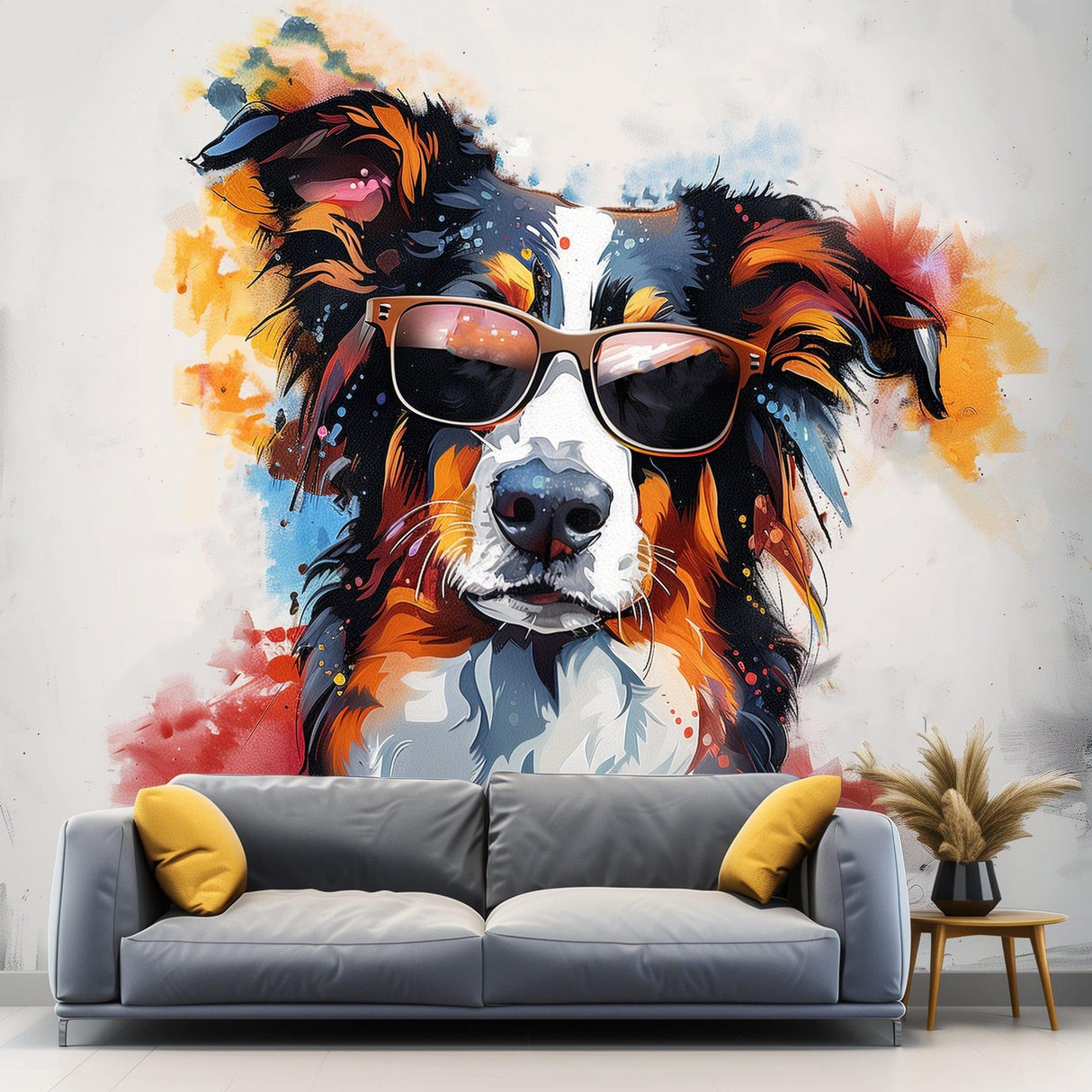 Bright Australian Shepherd Wearing Shades Wall Decal - Cheerful Watercolor Dog in Glasses Sticker - Decords