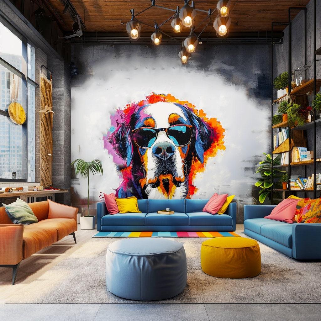 Colorful St. Bernard with Glasses Wall Decal - Bold Watercolor Bernese Mountain Dog Art Sticker - Decords