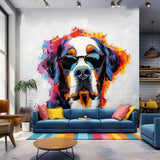 Colorful St. Bernard with Glasses Wall Decal - Bold Watercolor Bernese Mountain Dog Art Sticker - Decords