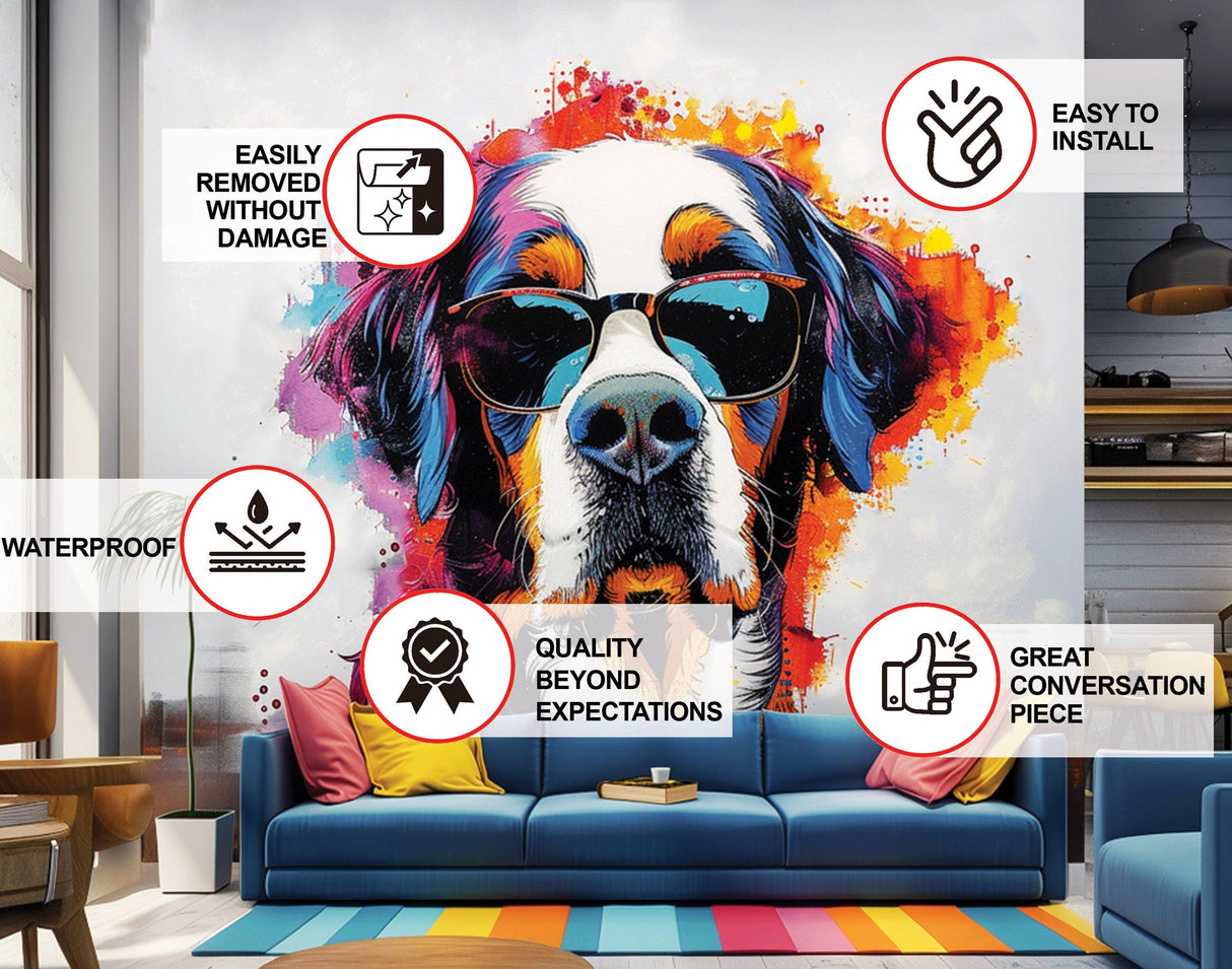 Colorful St. Bernard with Glasses Wall Decal - Bold Watercolor Bernese Mountain Dog Art Sticker - Decords