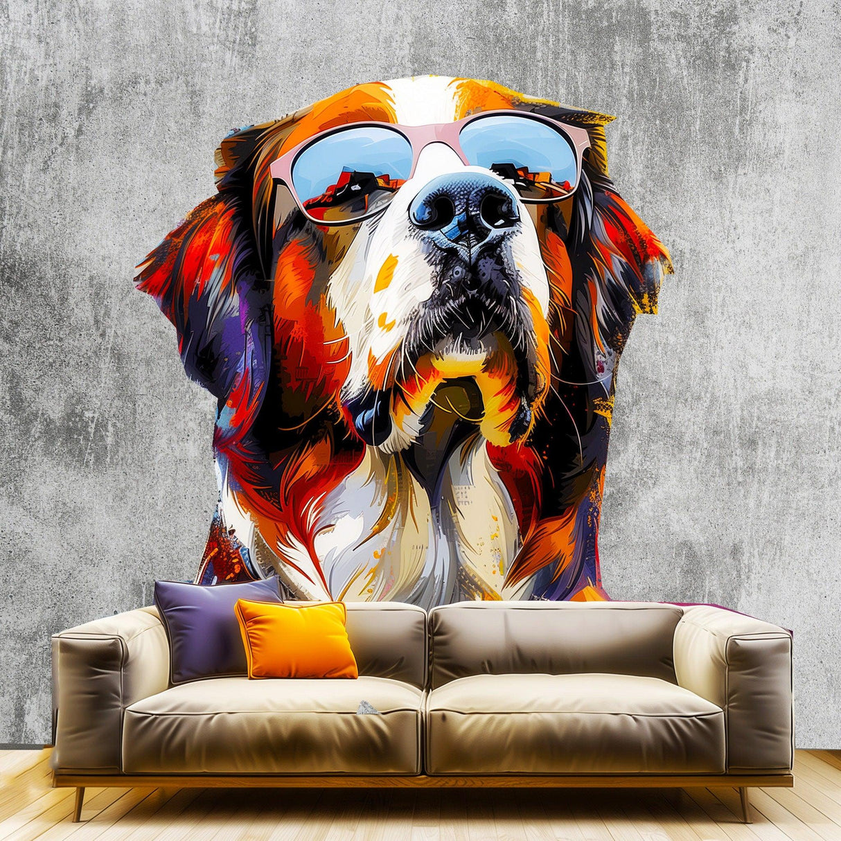 Thoughtful St. Bernard in Glasses Wall Decal - Dreamy Watercolor Bernese Mountain Dog Imagining Art Sticker - Decords