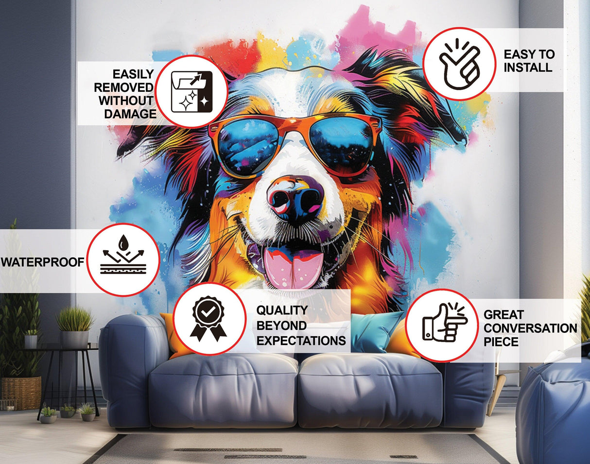 Australian Shepherd in Sunglasses Wall Sticker - Vivid Watercolor Pet Art Decal Home Decor - Decords