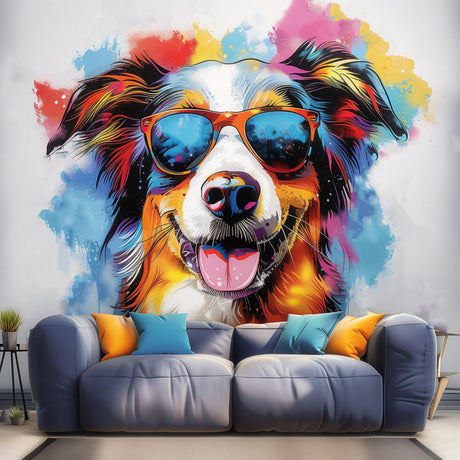 Australian Shepherd in Sunglasses Wall Sticker - Vivid Watercolor Pet Art Decal Home Decor - Decords