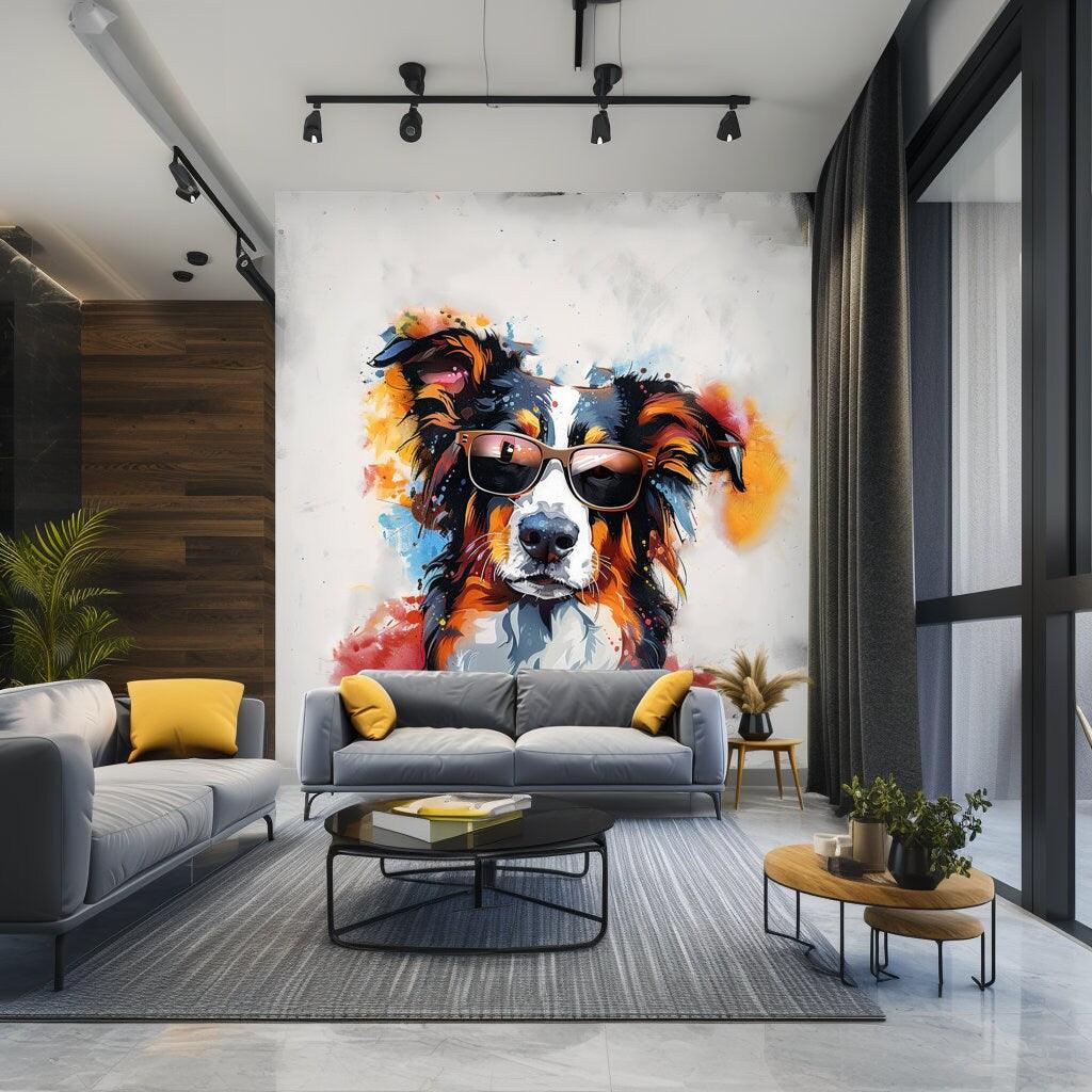 Bright Australian Shepherd Wearing Shades Wall Decal - Cheerful Watercolor Dog in Glasses Sticker - Decords