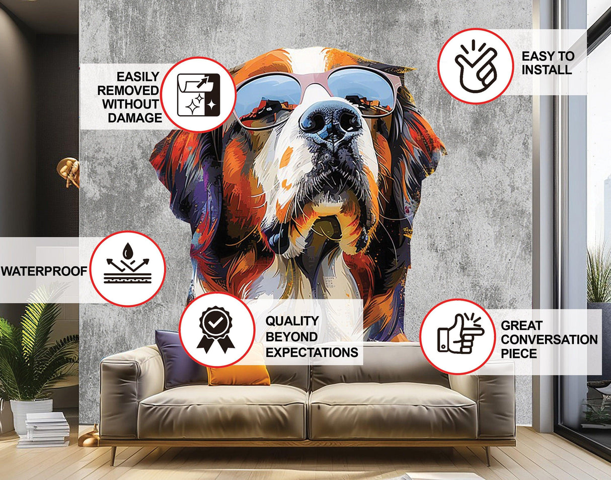 Thoughtful St. Bernard in Glasses Wall Decal - Dreamy Watercolor Bernese Mountain Dog Imagining Art Sticker - Decords