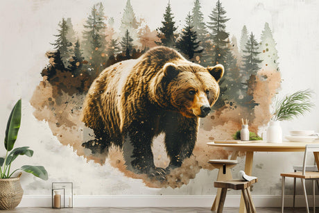 Bear in Forest Wall Sticker - Textured Art Vinyl Nature Bruin Decal Mural - Decords