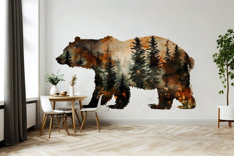 Autumn Forest Bear Silhouette Wall Sticker - Majestic Woodland Scene Bruin Nature Vinyl Decal for Rustic Home Decor - Decords