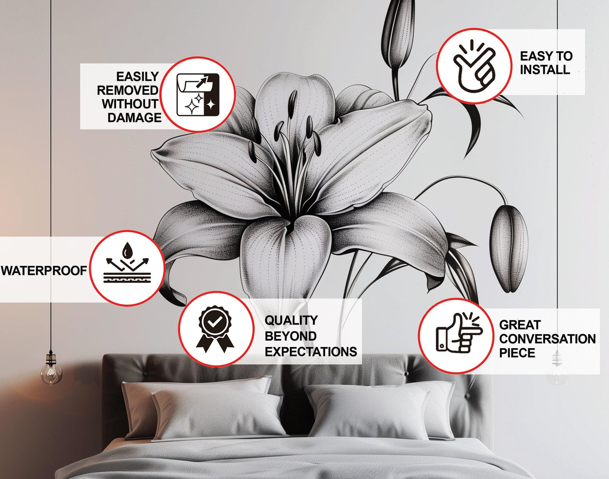 Classic Black and White Lily Bloom Wall Sticker - Elegant Floral Bedroom Wall Decal Decor - Decords