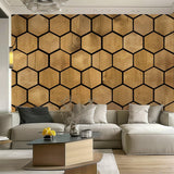 Hexagon Wallpaper Decals - Self-Adhesive Wooden Hexagon Wall Design, Black and Wood Design Honeycomb Stickers, Modern Geometric Room Decor - Decords