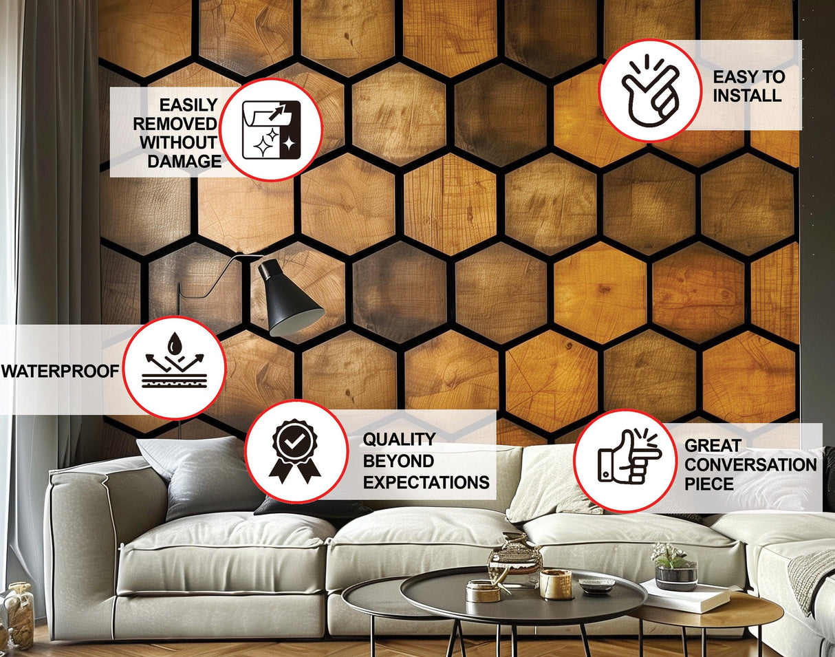 Hexagonal Wood Effect Wallpaper Sticker - Black Accent Adhesive Wall Decal, Rustic Wooden Honeycomb Decals for Modern Home Décor - Decords