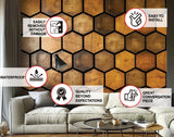 Hexagonal Wood Effect Wallpaper Sticker - Black Accent Adhesive Wall Decal, Rustic Wooden Honeycomb Decals for Modern Home Décor - Decords