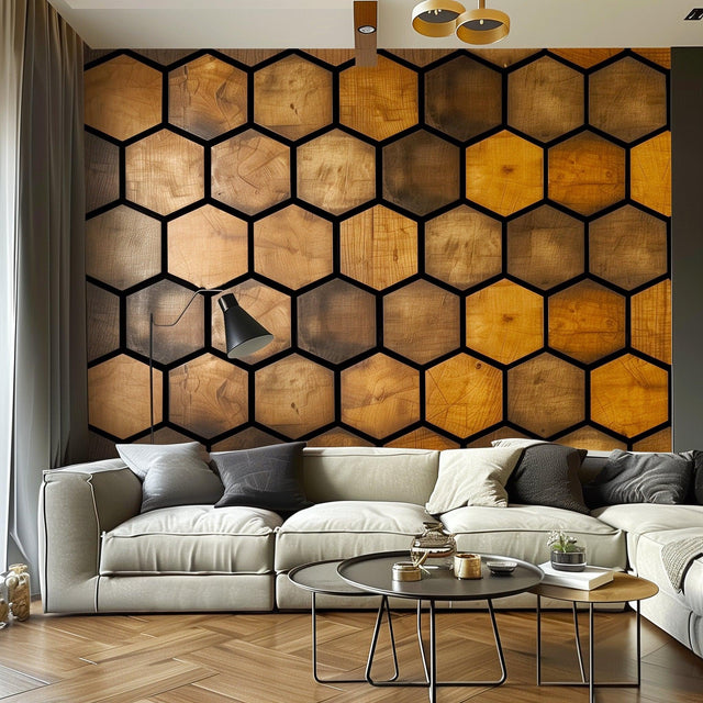 Hexagonal Wood Effect Wallpaper Sticker - Black Accent Adhesive Wall Decal, Rustic Wooden Honeycomb Decals for Modern Home Décor - Decords