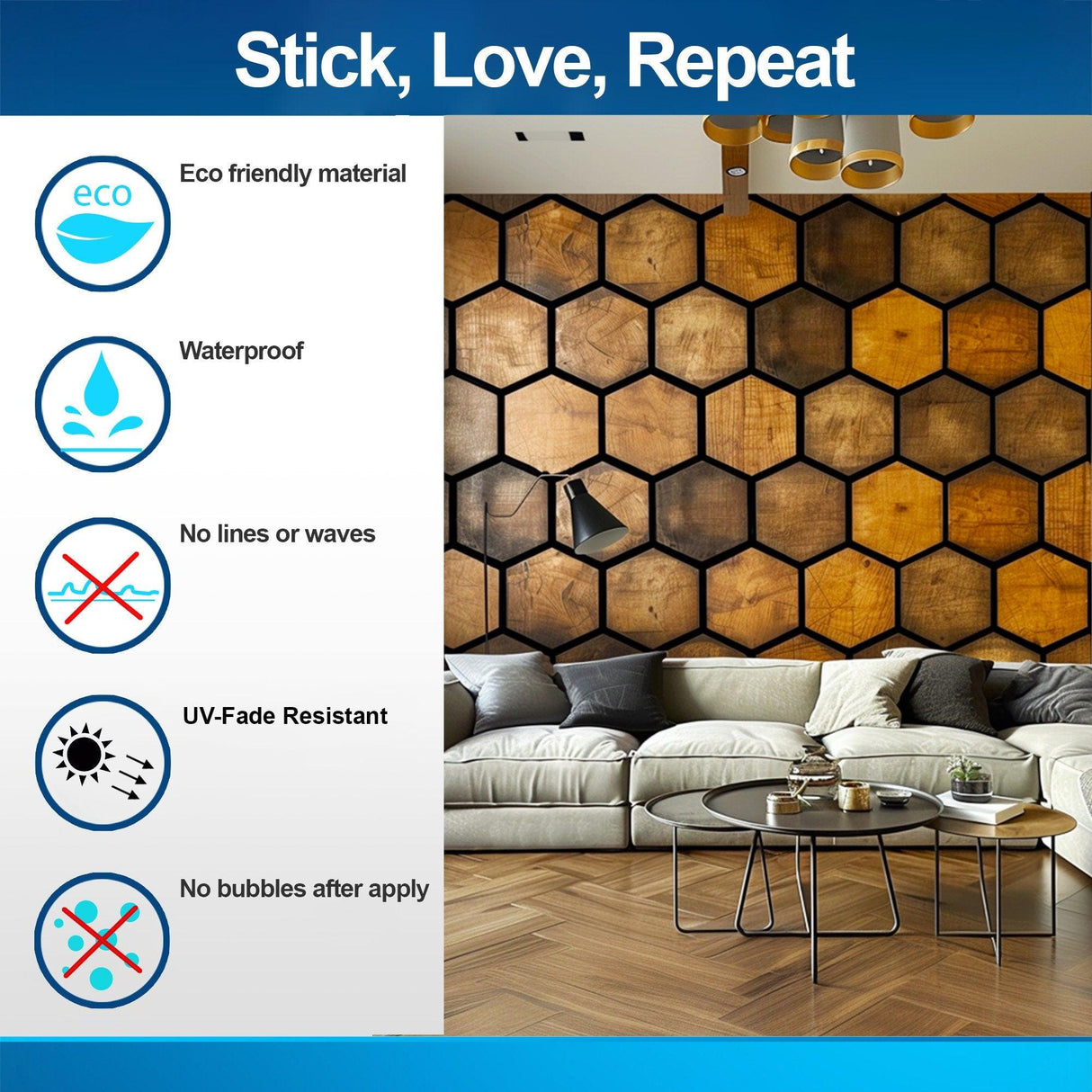 Hexagonal Wood Effect Wallpaper Sticker - Black Accent Adhesive Wall Decal, Rustic Wooden Honeycomb Decals for Modern Home Décor - Decords