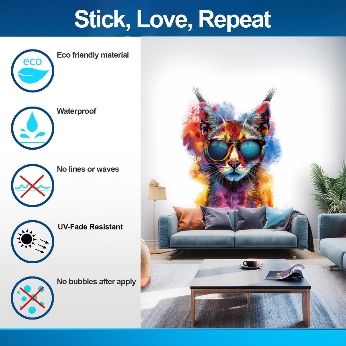 Vibrant Maine Coon Cat Wall Sticker with Sunglasses | Colorful Modern Kitten Art Decal | Artistic Kitty Decor | Unique Cat Lover Gift Idea - Decords