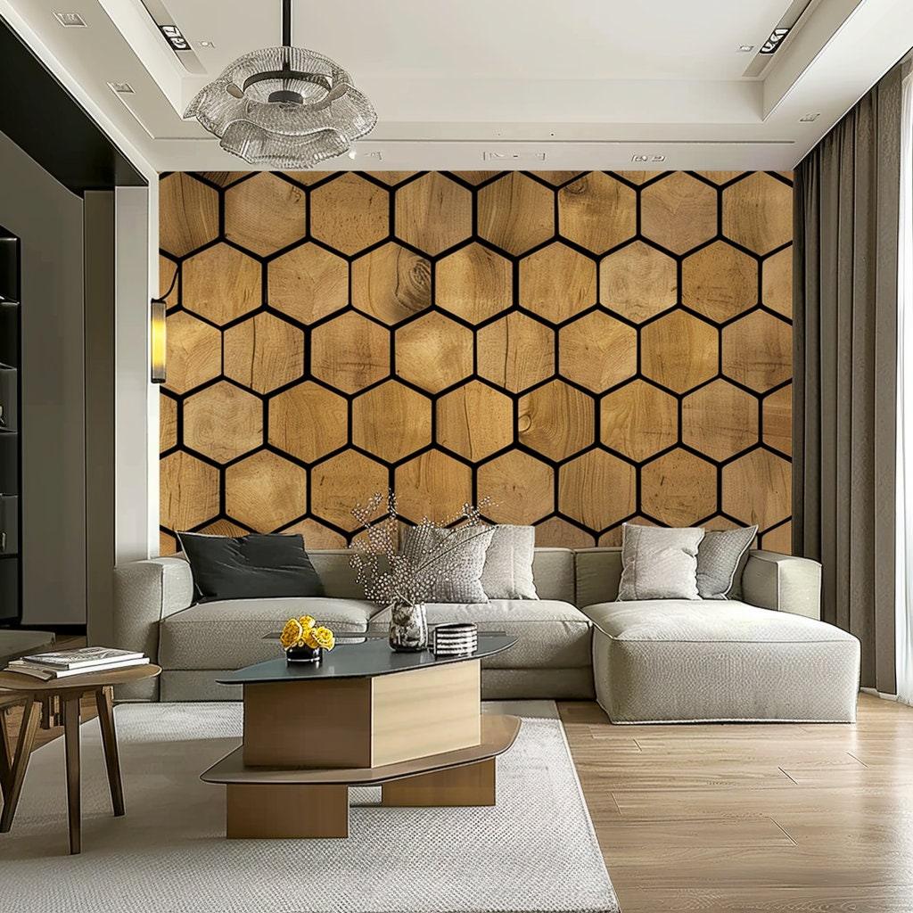 Hexagon Wallpaper Decals - Self-Adhesive Wooden Hexagon Wall Design, Black and Wood Design Honeycomb Stickers, Modern Geometric Room Decor - Decords