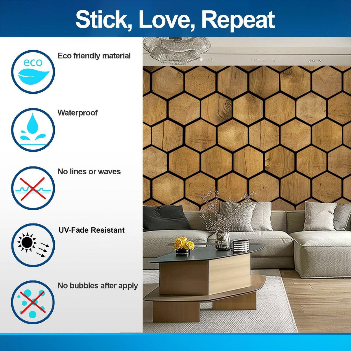 Hexagon Wallpaper Decals - Self-Adhesive Wooden Hexagon Wall Design, Black and Wood Design Honeycomb Stickers, Modern Geometric Room Decor - Decords