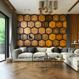 Hexagonal Wood Effect Wallpaper Sticker - Black Accent Adhesive Wall Decal, Rustic Wooden Honeycomb Decals for Modern Home Décor - Decords