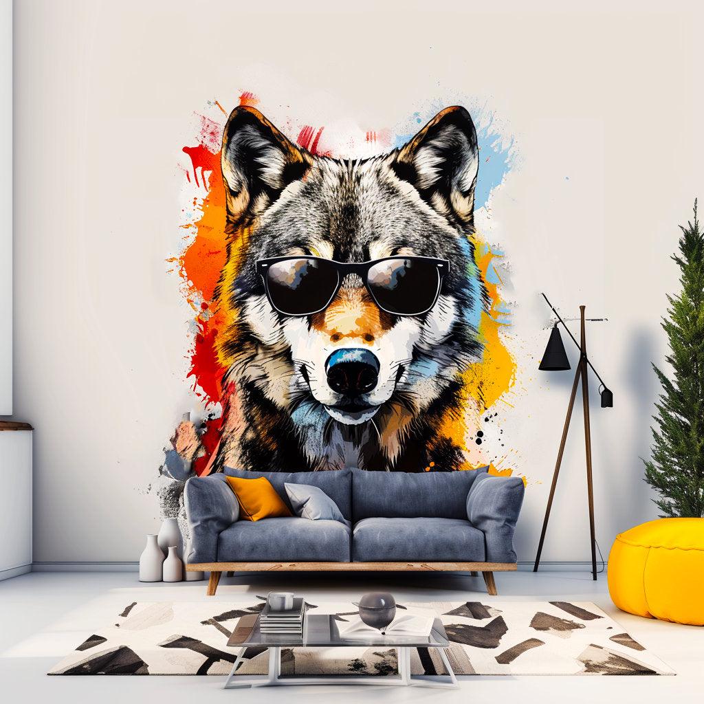 Colorful Wolf Wall Sticker Decals with Sunglasses - Modern Wolf Art Decal - Decords