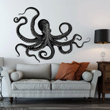 Giant Octopus Wall Sticker Decals | Detailed Nautical Wall Art | Black Octopus Home Decor | Marine Themed Living Room Decor - Decords