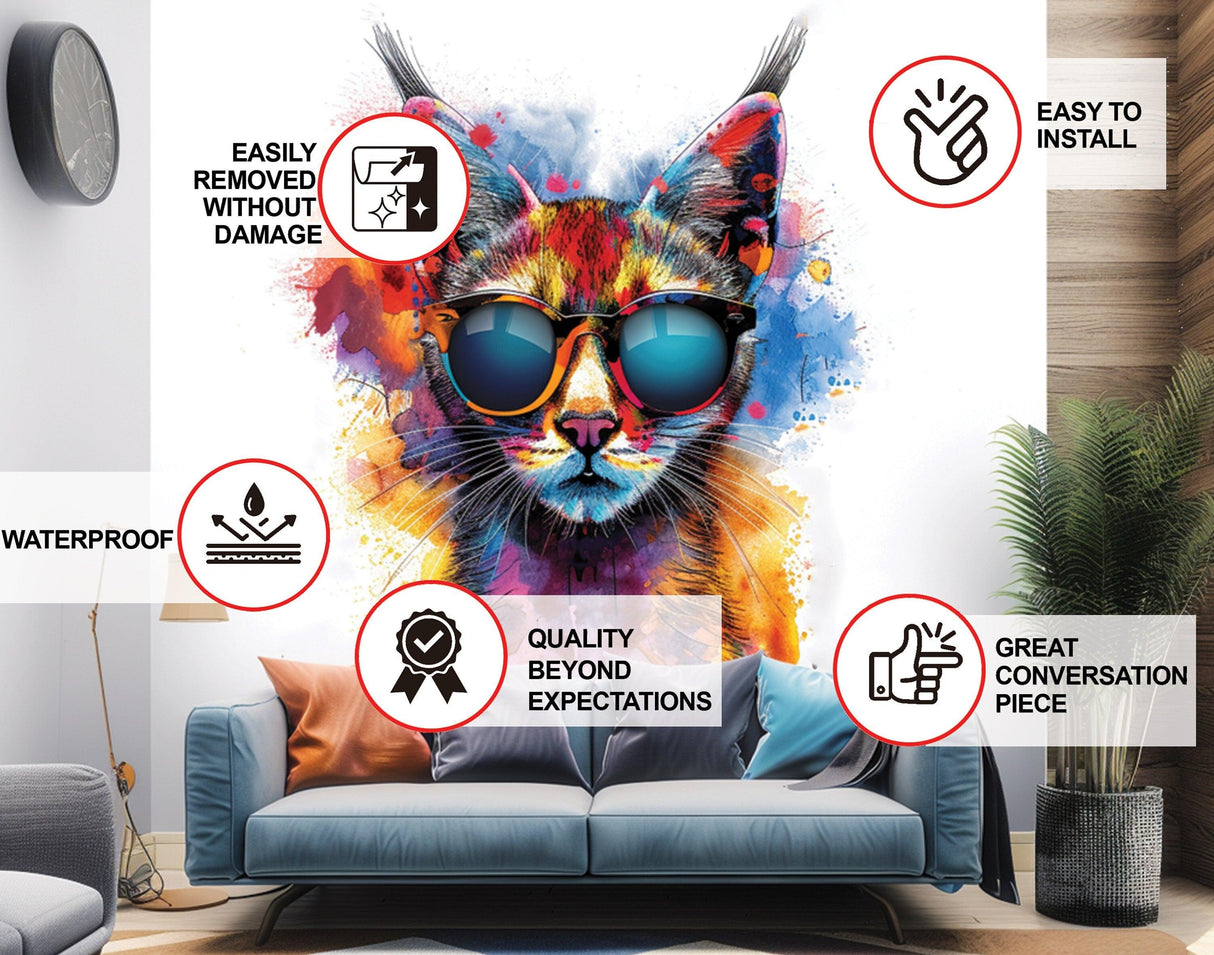 Vibrant Maine Coon Cat Wall Sticker with Sunglasses | Colorful Modern Kitten Art Decal | Artistic Kitty Decor | Unique Cat Lover Gift Idea - Decords