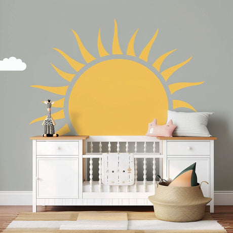 Large Half Sun Wall Decal | Cheerful Nursery Wall Art Sticker | Kids Room Sunshine Decor | Baby Room Wall Decoration - Decords