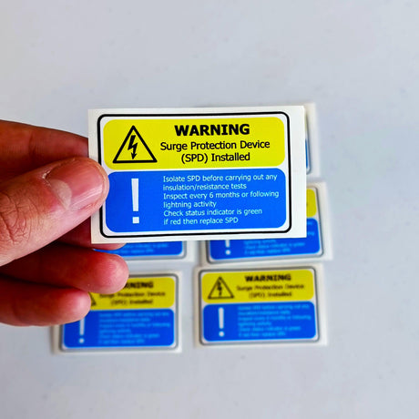 Surge Protection Device (SPD) Warning Label | Electrical Safety Decal | Yellow and Blue SPD Instruction Sticker Electrician Safety Supplies - Decords