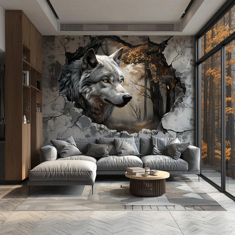 Realistic 3D Wolf Forest Wall Decal Sticker - Majestic Wolf Breaking Through Wall - Decords