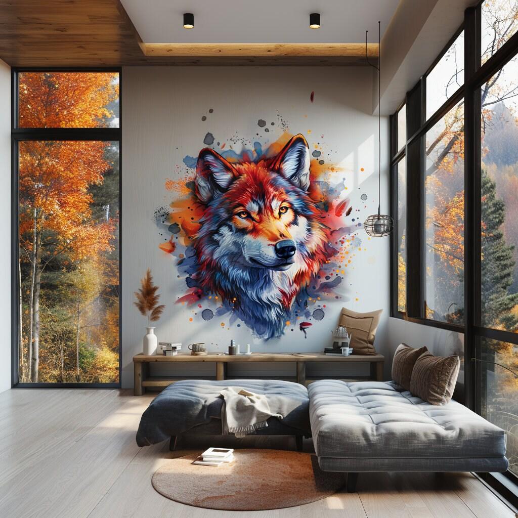 Vibrant Watercolor Wolf Head Wall Decal - Artistic Animal Sticker for Living Room, Bedroom, Creative Space - Decords