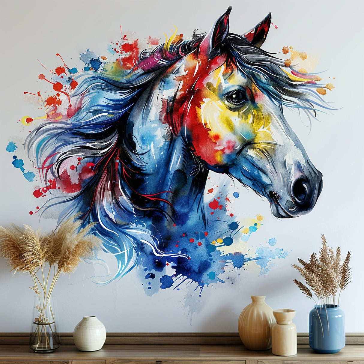 Vibrant Watercolor Horse Head Wall Decal Sticker - Artistic Animal Decor for Living Room, Creative Space - Decords