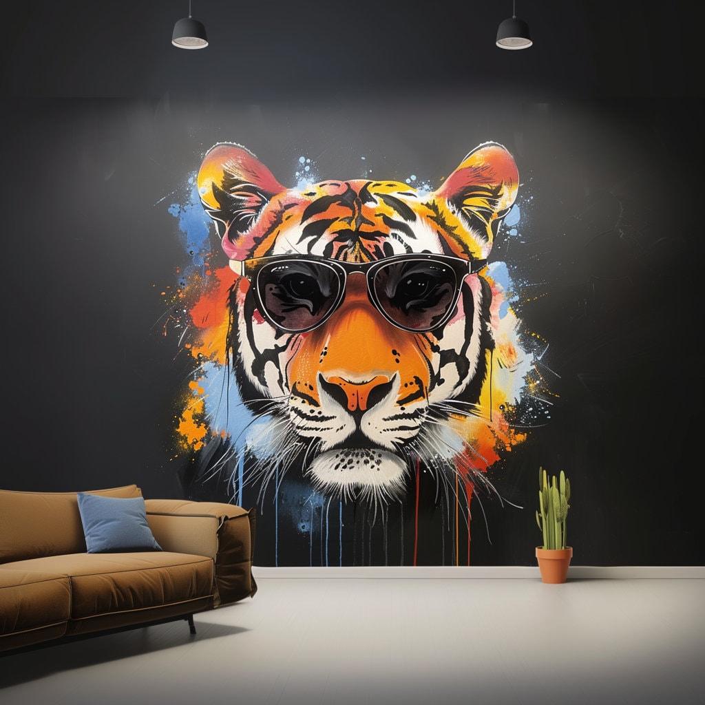 Graffiti Tiger Wall Sticker with Sunglasses | Bold and Vibrant Animal Art Decal | Modern Urban Home Decor | Statement Living Room Wall Art - Decords