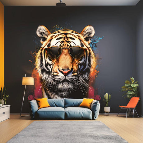 Graffiti Tiger Wall Sticker with Sunglasses | Bold and Vibrant Animal Art Decal | Modern Urban Home Decor | Predator Living Room Wall Art - Decords