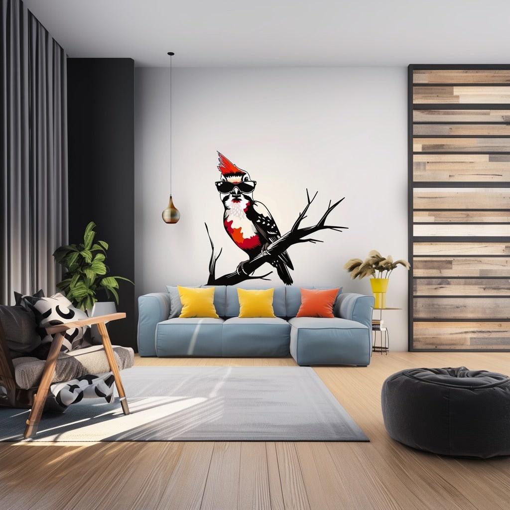 Downy Woodpecker Bird in Glasses Wall Sticker Decals - Perfect Room Decor for Nature Lovers - Decords