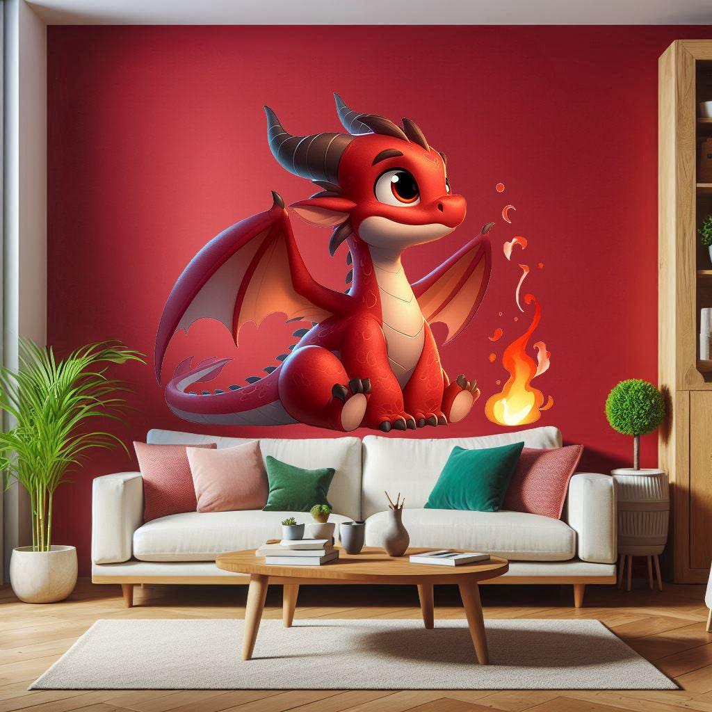 Cute Red Baby Dragon Wall Decal Sticker - Playful Fire-Breathing Dragon Wall Sticker for Kids Room - Decords