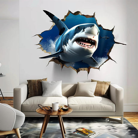 3D Tiger Shark Wall Sticker | Realistic Shark Wall Decal | Underwater Adventure Home Decor | Unique Living Room Wall Art - Decords