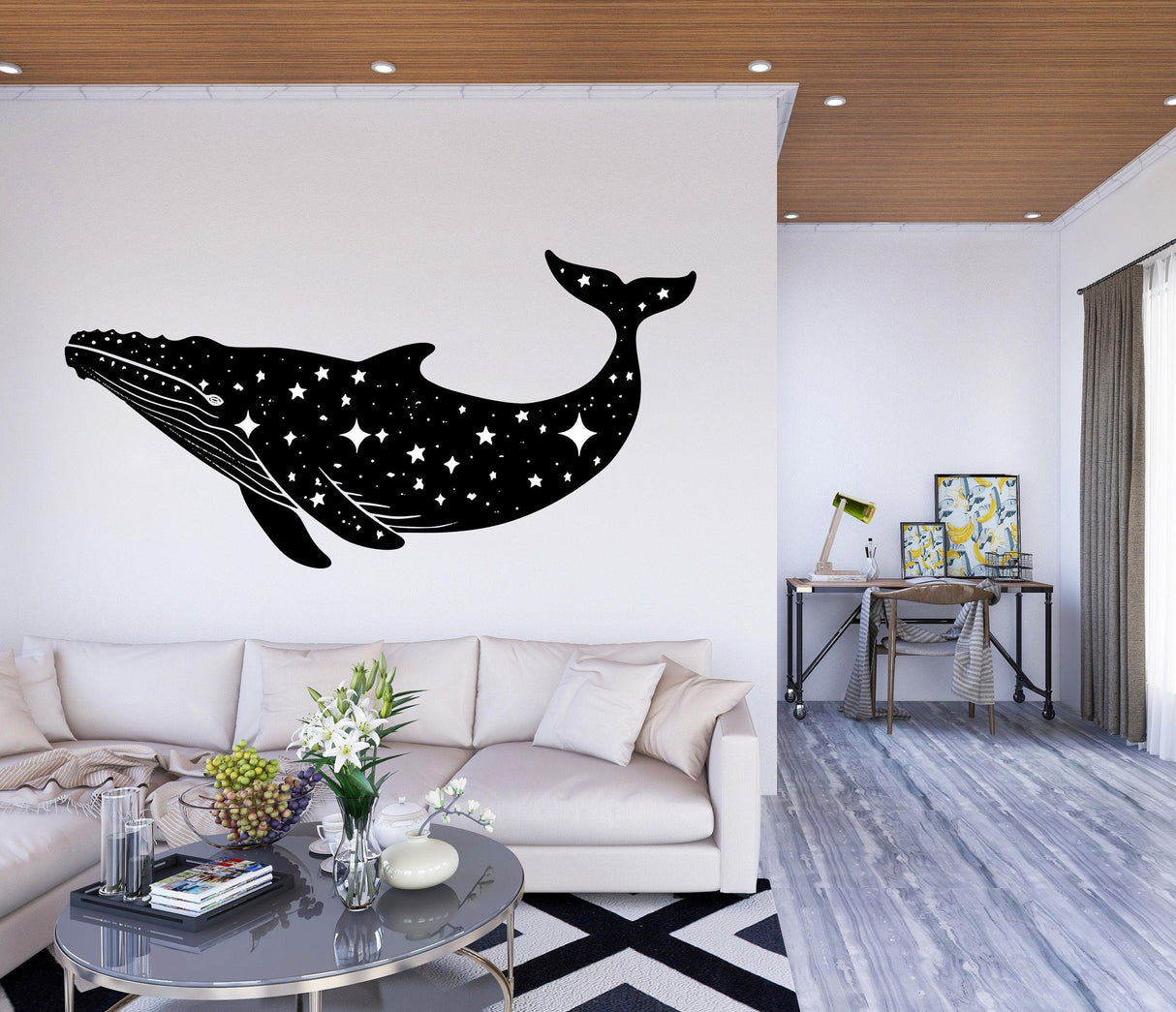 Celestial Whale Wall Sticker - Black Silhouette Whale with Stars Decal - Decords