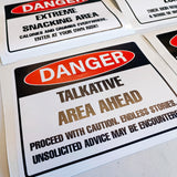 Humorous Danger Warning Label Decals | Funny Danger stickers for Office Kitchen | Witty Snacking, Sarcasm, Talkative, Coffee Area Signs - Decords