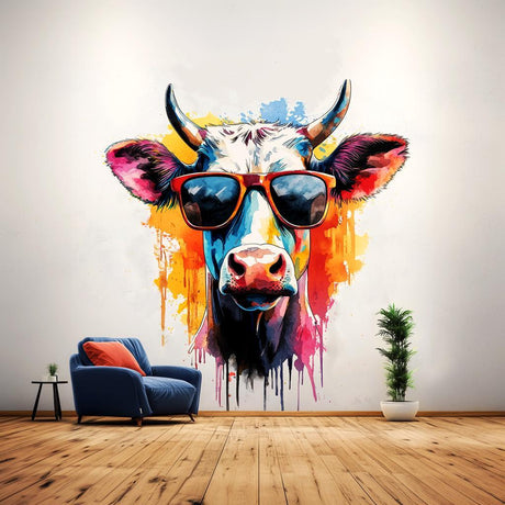 Trendy Cow with Sunglasses Wall Decal | Colorful Watercolor Art Sticker | Fun & Playful Animal Wall Decals for Home and Room Decor - Decords