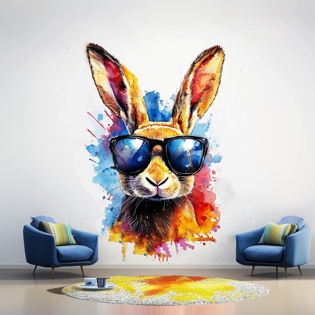 Stylish Rabbit with Sunglasses Wall Decal | Colorful Watercolor Art Sticker | Fun Animal Wall Decor | Photorealistic Room Decals Home Decor - Decords