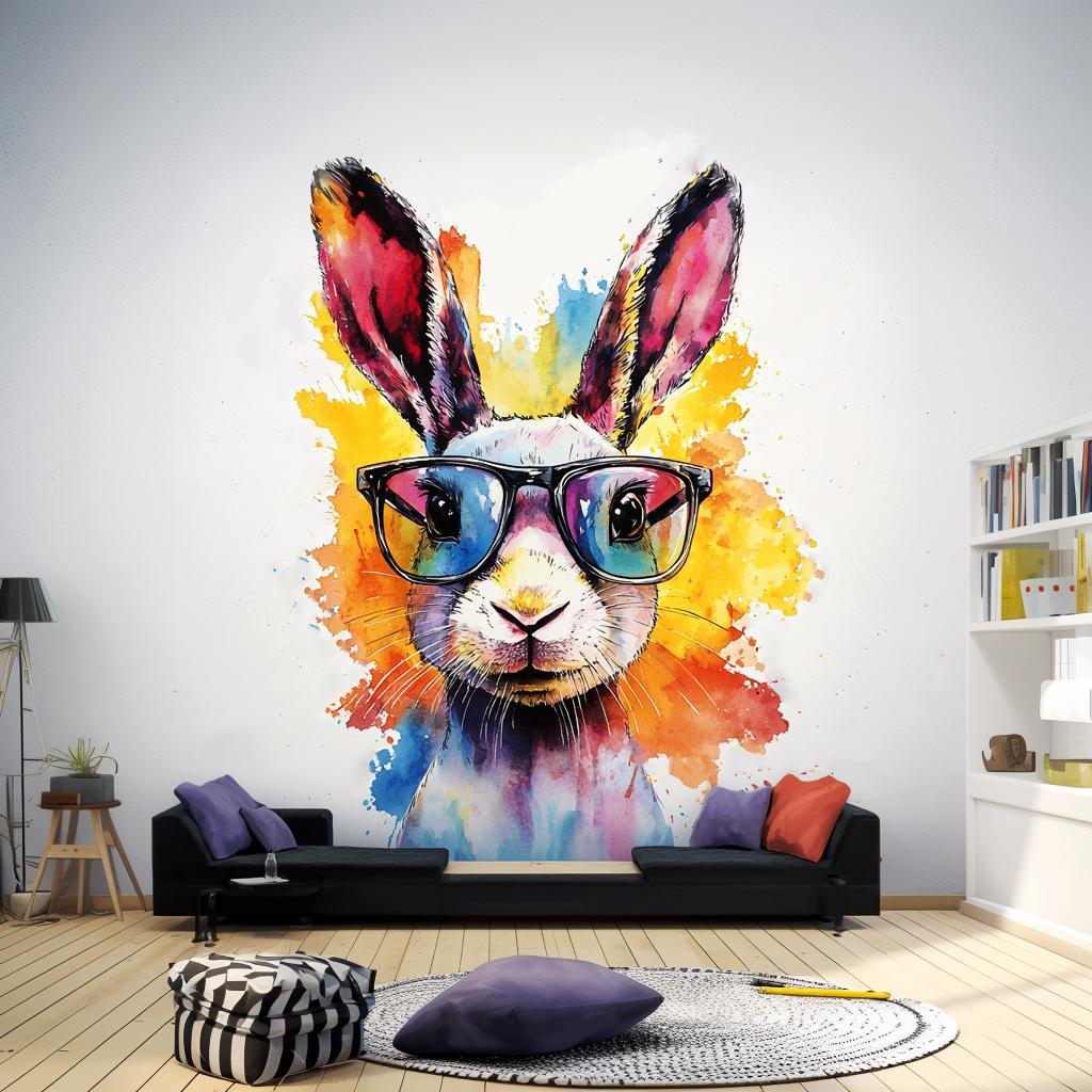 Vibrant Rabbit with Sunglasses Wall Decal | Fun Watercolor Bunny Sticker | Playful Animal Decor for Kids Room | Photorealistic Rabbit Decals - Decords