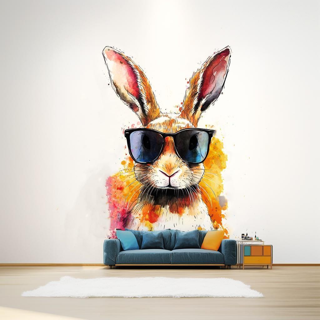 Colorful Rabbit with Sunglasses Wall Decal | Fun Watercolor Art Sticker | Playful Animal Decor | Photorealistic Bunny Wall Sticker - Decords