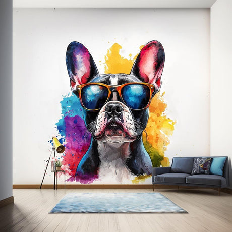 French Bulldog Wall Decal with Sunglasses | Colorful Watercolor Splash Pet Dog Sticker | Trendy Pet Themed Room Decor | Modern Home Decal - Decords