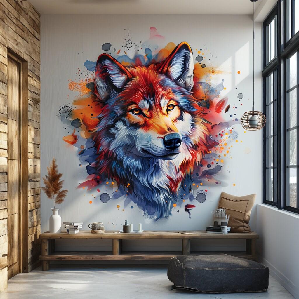 Vibrant Watercolor Wolf Head Wall Decal - Artistic Animal Sticker for Living Room, Bedroom, Creative Space - Decords